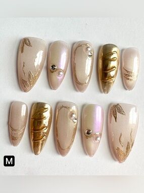 Pearlescent Nude & Gold Press-On Nails with Accent Pearls